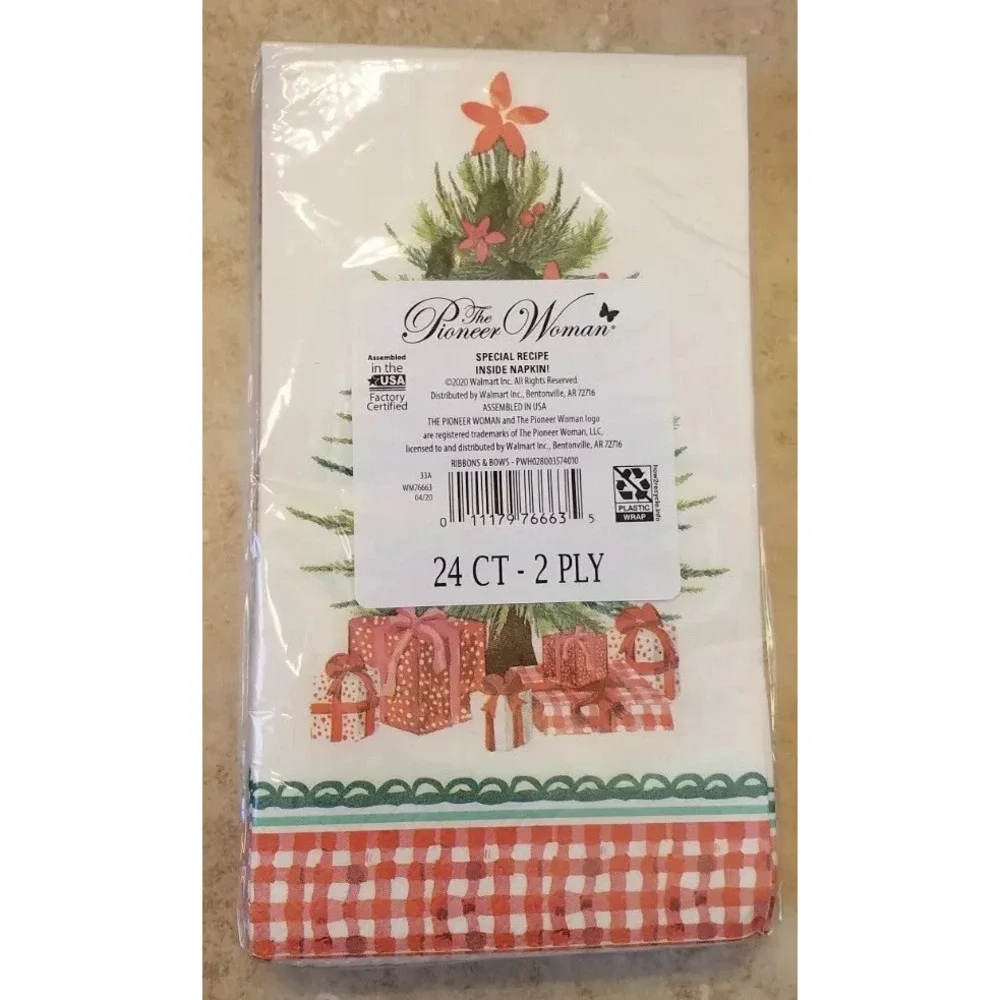 The Pioneer Woman Ribbons & Bows Christmas‎ Paper Dinner Napkins 24 count NEW